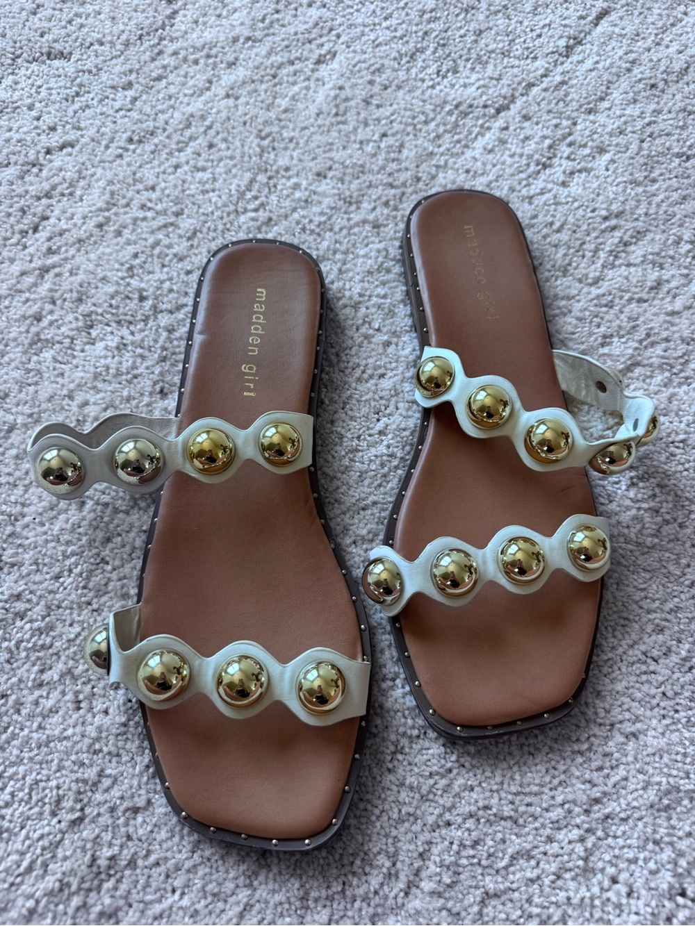 Madden Girl White Slide Sandals with Gold Stud Accents